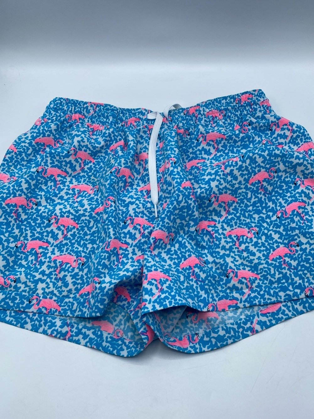 Chubbies Swim Shorts Large Blue Flamingo Animal Print Lined Drawstring Neon 4”